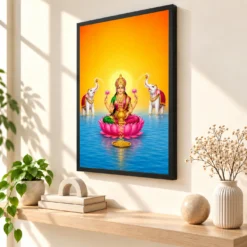Floating Lotus Gaja Varalakshmi Photo Frame – Blue Water Art — black frame console