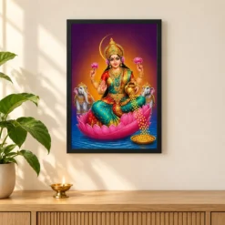 Crescent Halo Varalakshmi Photo Frame – Teal Red Art — black frame pooja shelf