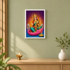 Crescent Halo Varalakshmi Photo Frame – Teal Red Art — white frame distant wall