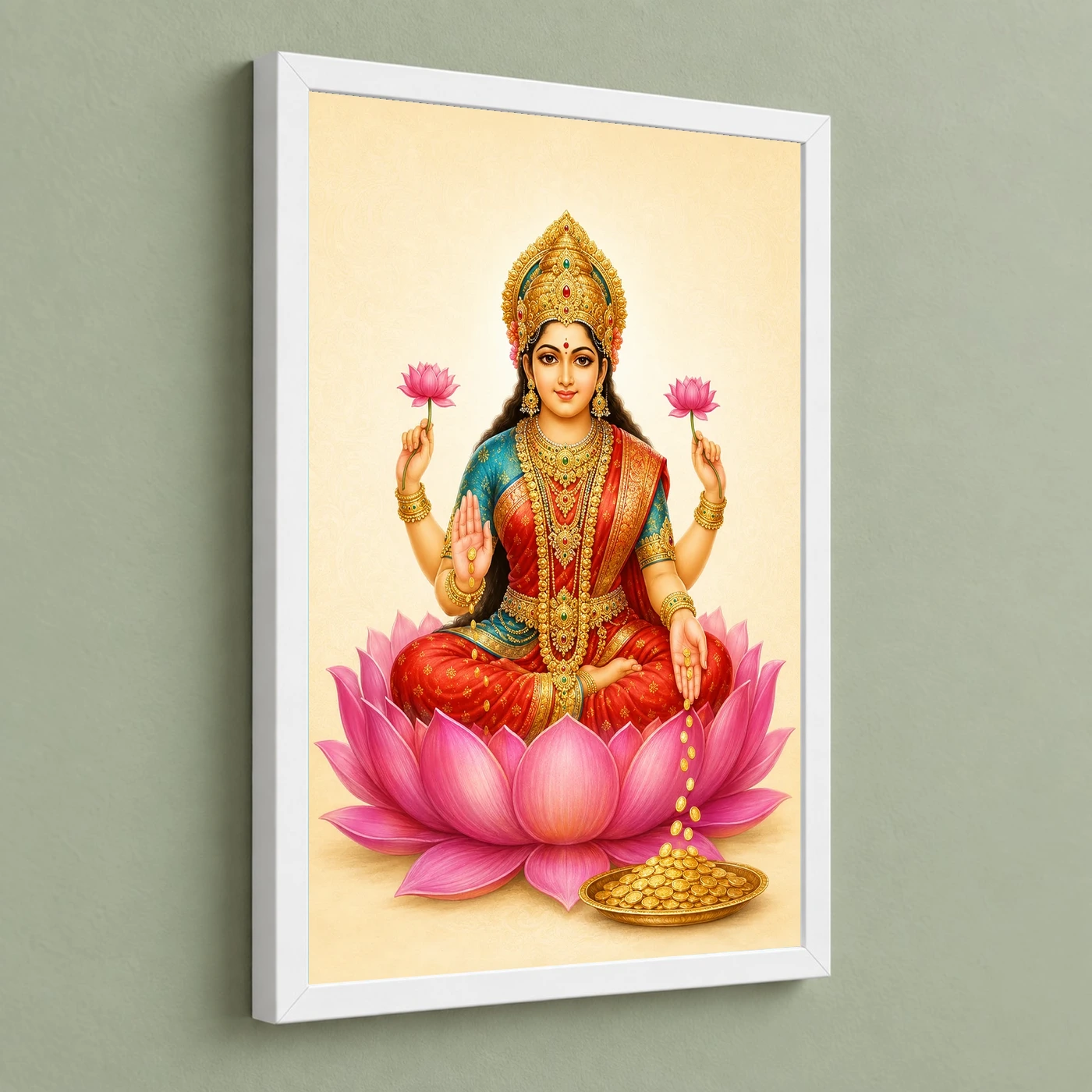 Ivory Paisley Varalakshmi Photo Frame – Minimal Lotus Art 5 Ivory Paisley Varalakshmi Photo Frame – Minimal Lotus Art — white frame angled wall