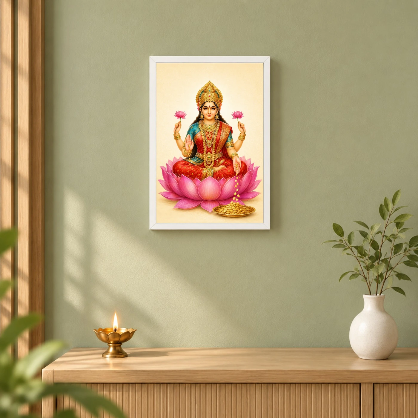 Ivory Paisley Varalakshmi Photo Frame – Minimal Lotus Art 6 Ivory Paisley Varalakshmi Photo Frame – Minimal Lotus Art — white frame distant wall