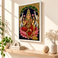 Tanjore Style Gaja Varalakshmi Photo Frame – Temple Art — white frame warm console