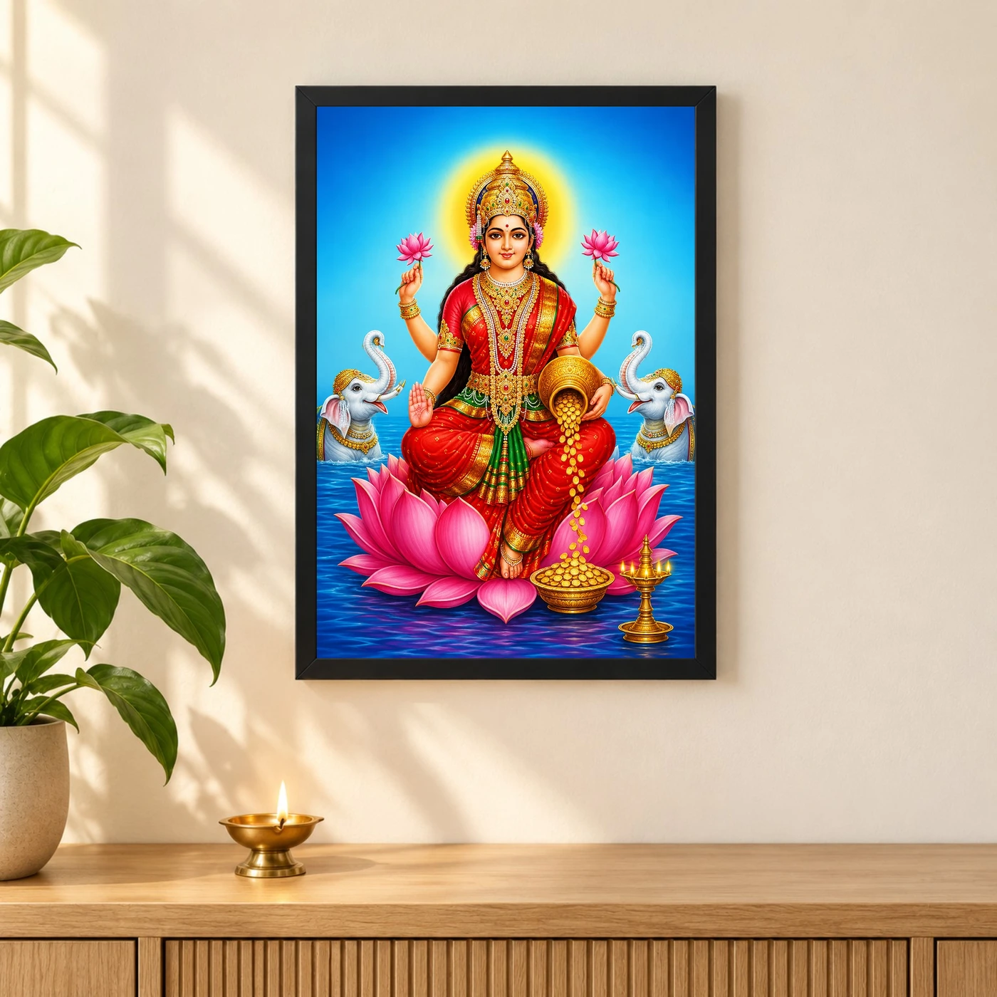 Sapphire Water Gaja Varalakshmi Photo Frame – Lotus Art 3 Sapphire Water Gaja Varalakshmi Photo Frame – Lotus Art — black frame pooja shelf