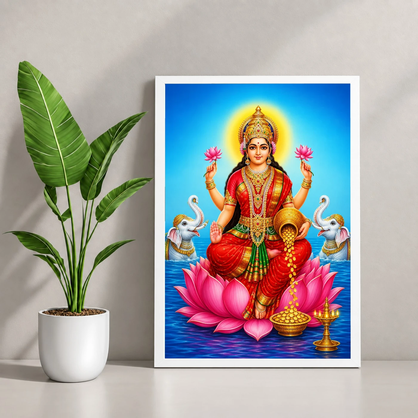 Sapphire Water Gaja Varalakshmi Photo Frame – Lotus Art 4 Sapphire Water Gaja Varalakshmi Photo Frame – Lotus Art — white frame console