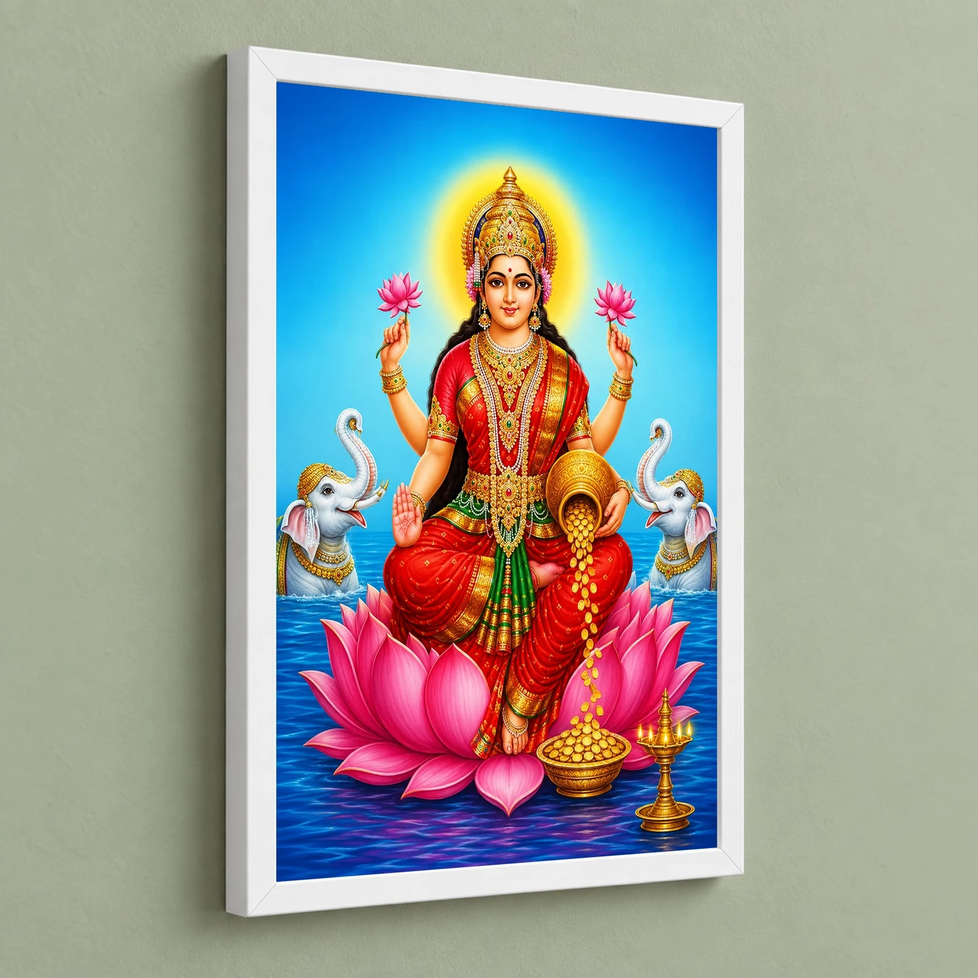 Sapphire Water Gaja Varalakshmi Photo Frame – Lotus Art 5 Sapphire Water Gaja Varalakshmi Photo Frame – Lotus Art — white frame angled wall