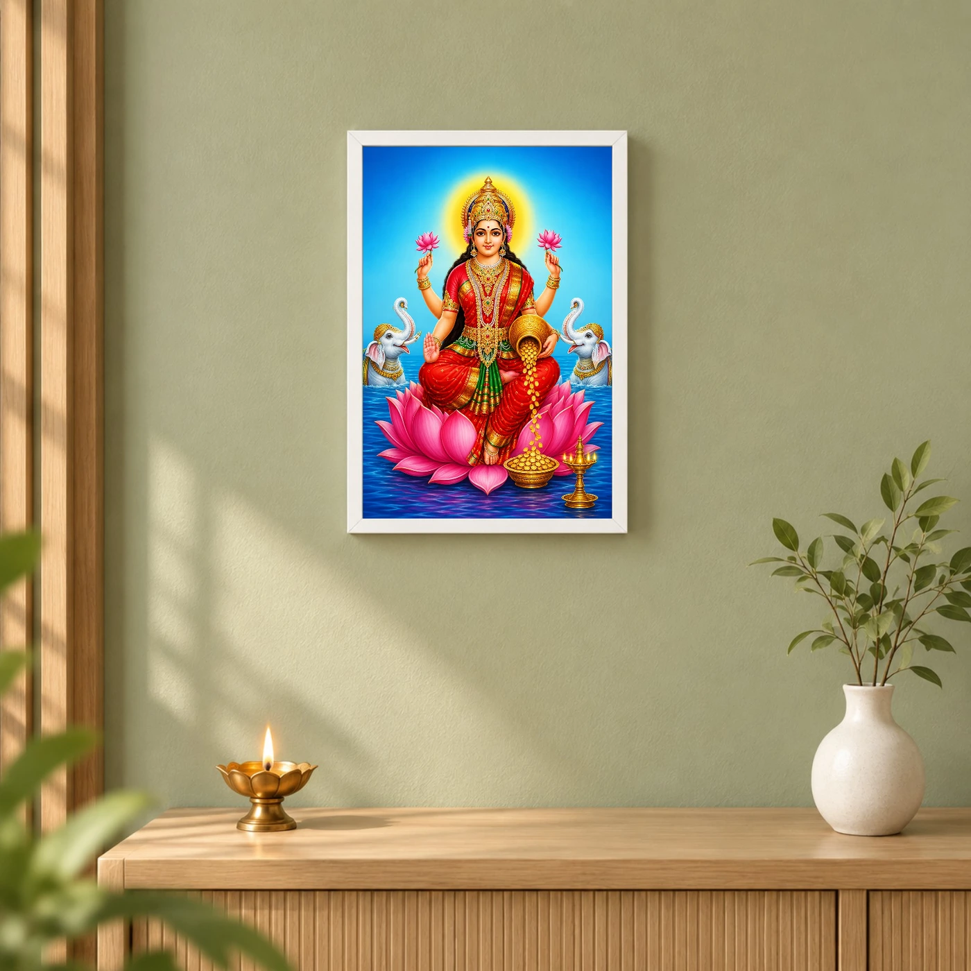 Sapphire Water Gaja Varalakshmi Photo Frame – Lotus Art 6 Sapphire Water Gaja Varalakshmi Photo Frame – Lotus Art — white frame distant wall