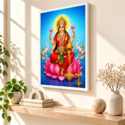 Sapphire Water Gaja Varalakshmi Photo Frame – Lotus Art 15 Sapphire Water Gaja Varalakshmi Photo Frame – Lotus Art — white frame warm console