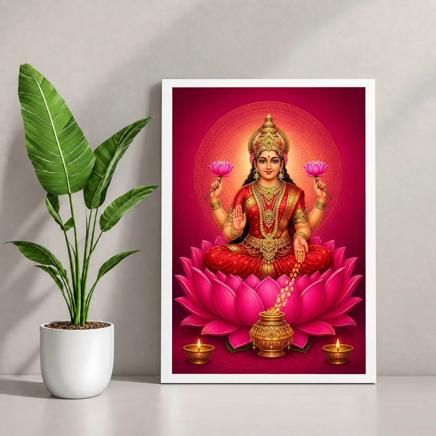 Magenta Mandala Varalakshmi Photo Frame – Modern Devotional Art 4 Magenta Mandala Varalakshmi Photo Frame – Modern Devotional Art — white frame console