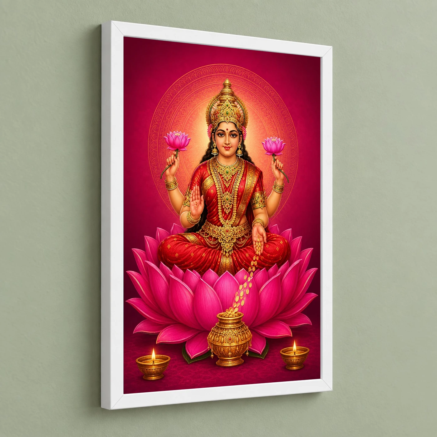 Magenta Mandala Varalakshmi Photo Frame – Modern Devotional Art 5 Magenta Mandala Varalakshmi Photo Frame – Modern Devotional Art — white frame angled wall