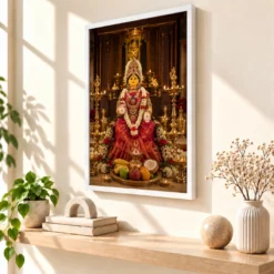 Varalakshmi Vratam Idol Photo Frame – Temple Altar Art — white frame warm console