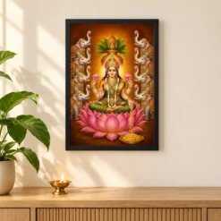 Ashta Gaja Varalakshmi Photo Frame – Eight Elephant Art — black frame pooja shelf