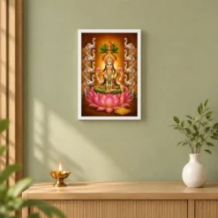 Ashta Gaja Varalakshmi Photo Frame – Eight Elephant Art — white frame distant wall