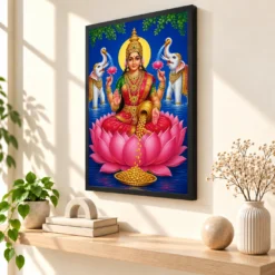 Blue Water Gaja Varalakshmi Photo Frame – Lotus Prosperity Art — black frame console