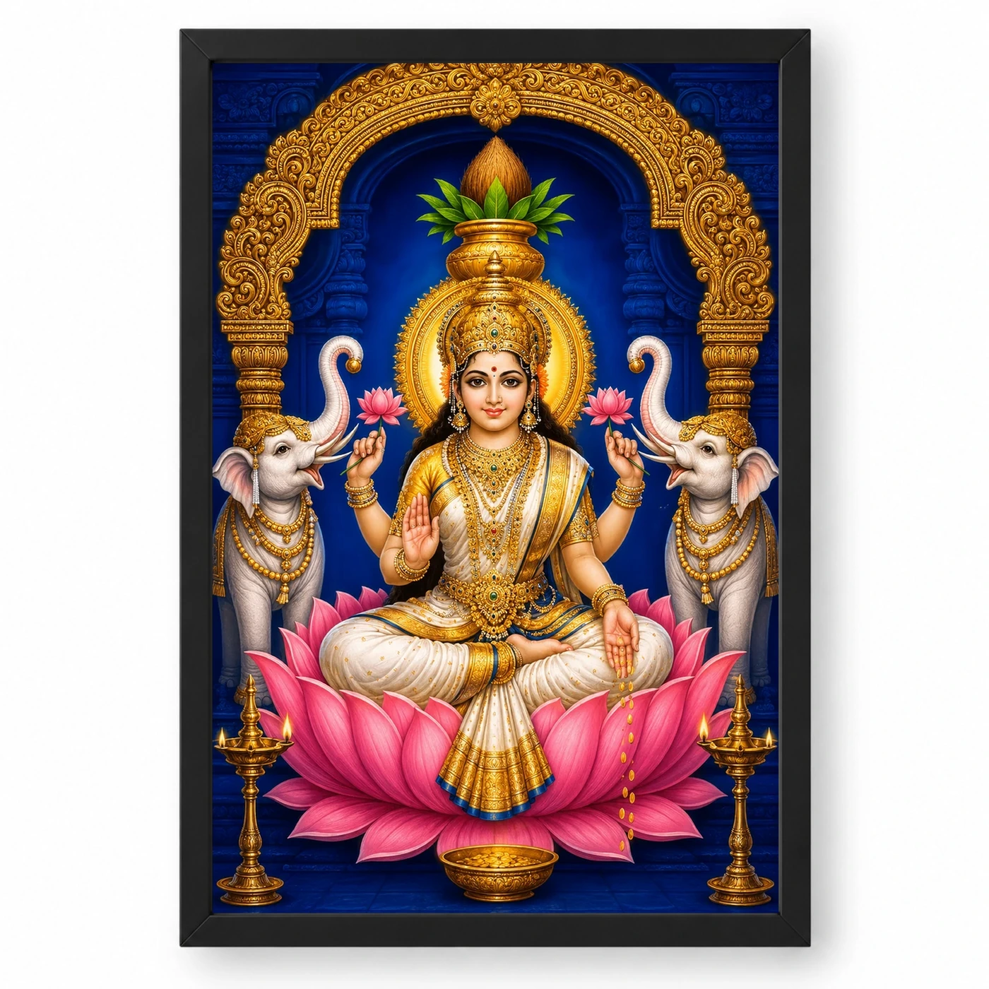 Pearl White Saree Varalakshmi Photo Frame – Blue Temple Art 1 Pearl White Saree Varalakshmi Photo Frame – Blue Temple Art — black frame clean