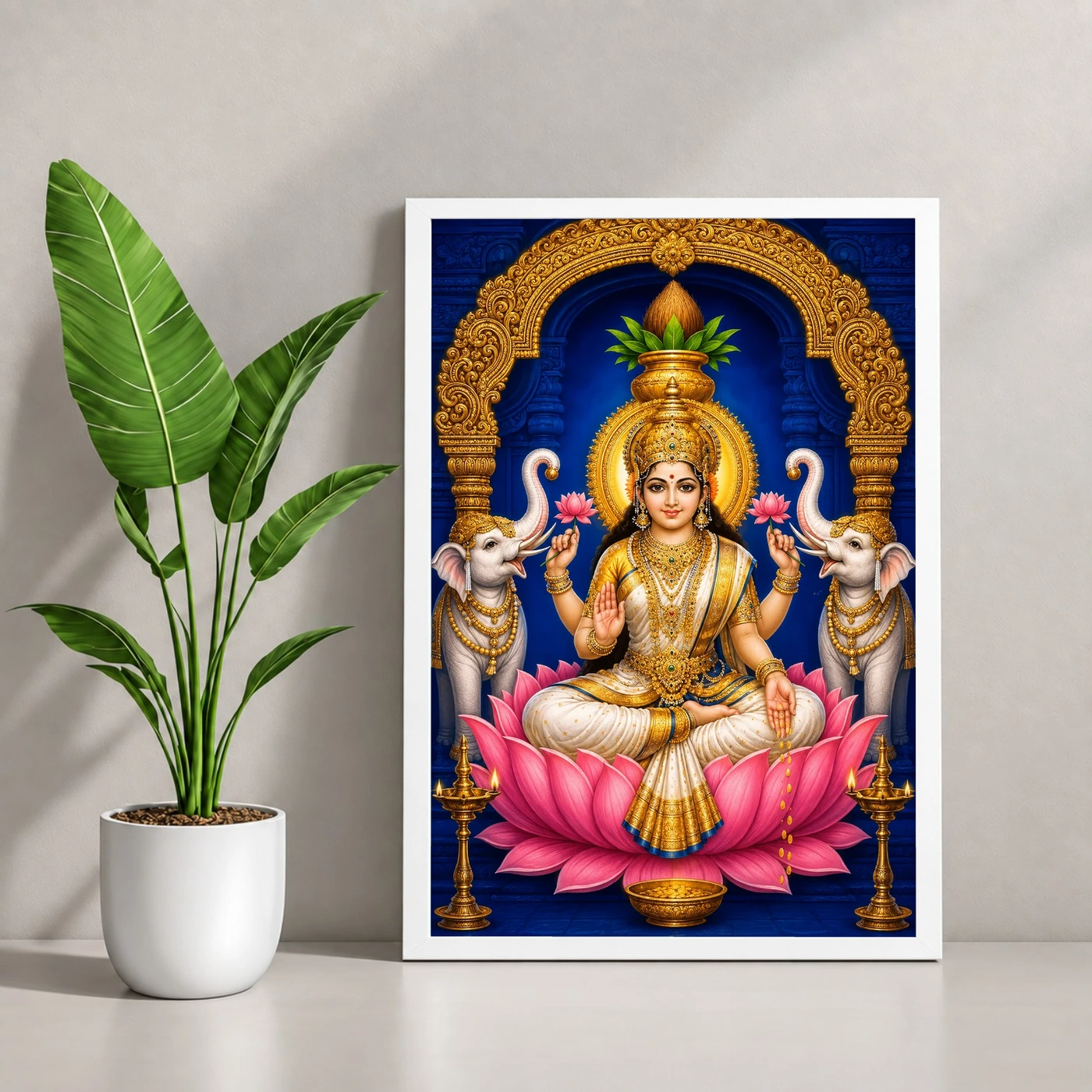 Pearl White Saree Varalakshmi Photo Frame – Blue Temple Art 4 Pearl White Saree Varalakshmi Photo Frame – Blue Temple Art — white frame console