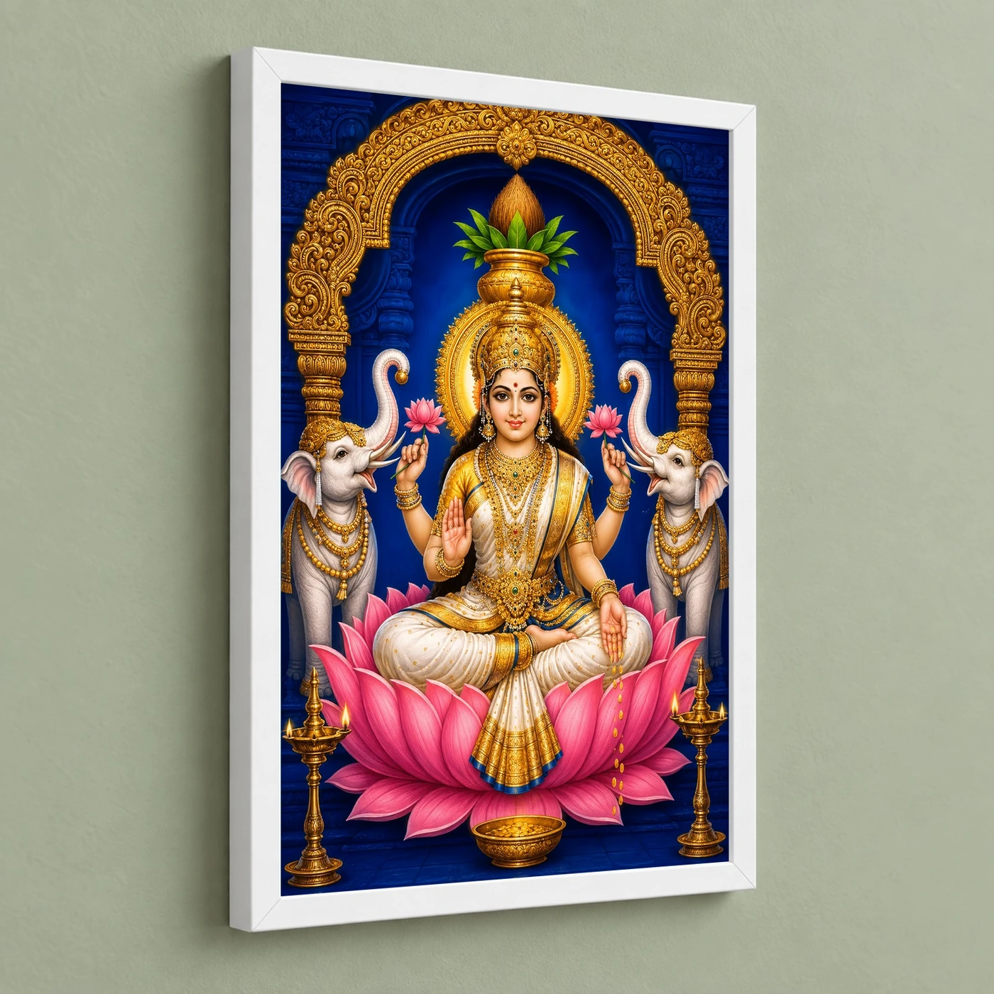 Pearl White Saree Varalakshmi Photo Frame – Blue Temple Art 5 Pearl White Saree Varalakshmi Photo Frame – Blue Temple Art — white frame angled wall