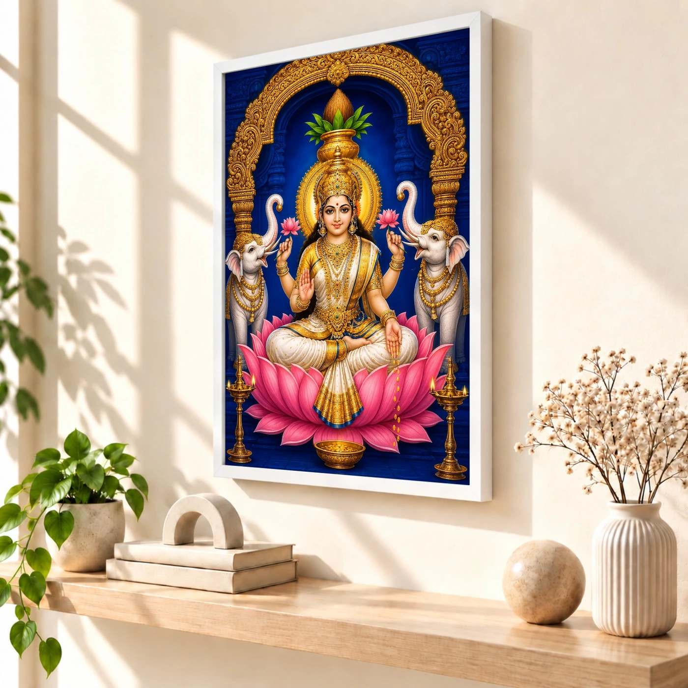 Pearl White Saree Varalakshmi Photo Frame – Blue Temple Art 57 Pearl White Saree Varalakshmi Photo Frame – Blue Temple Art — white frame