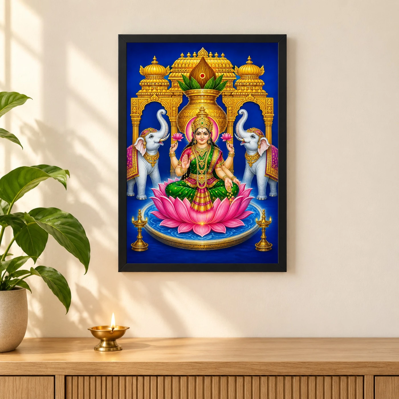 Royal Blue Kalash Varalakshmi Photo Frame – Temple Lotus Art 3 Royal Blue Kalash Varalakshmi Photo Frame – Temple Lotus Art — black frame pooja shelf