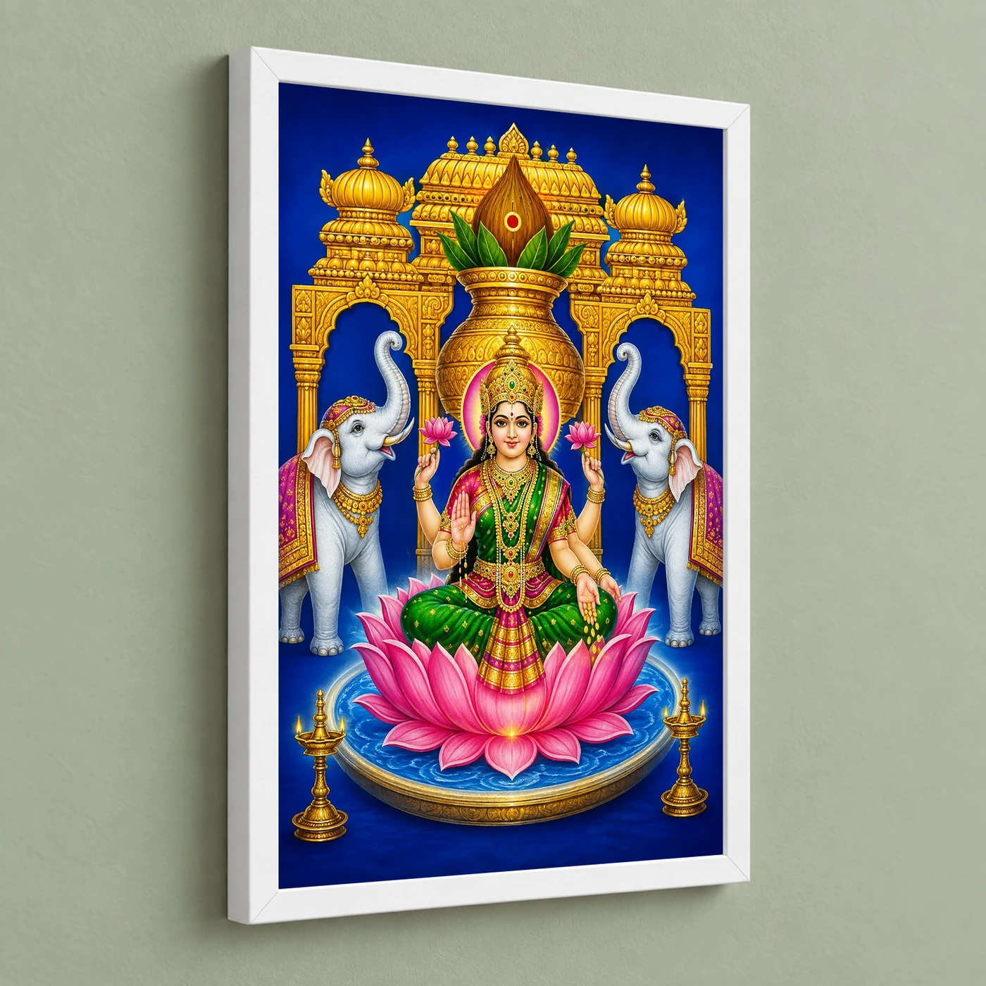 Royal Blue Kalash Varalakshmi Photo Frame – Temple Lotus Art 5 Royal Blue Kalash Varalakshmi Photo Frame – Temple Lotus Art — white frame angled wall