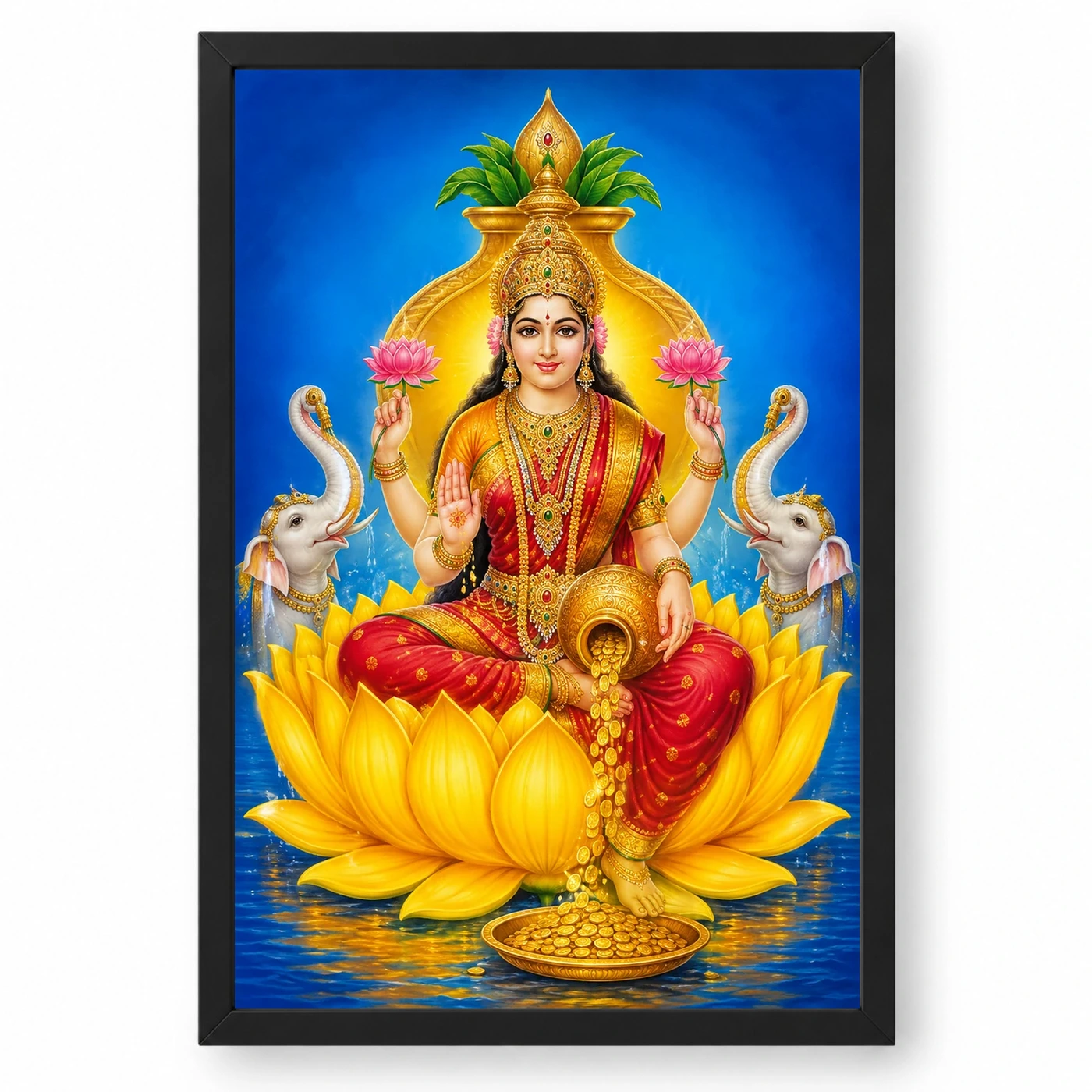 Golden Lotus Varalakshmi Photo Frame – Yellow Prosperity Art 1 Golden Lotus Varalakshmi Photo Frame – Yellow Prosperity Art — black frame clean