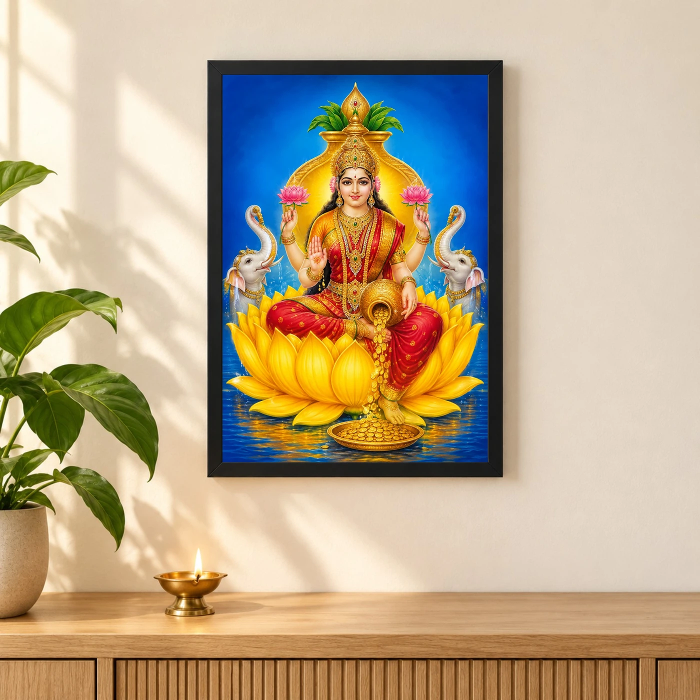 Golden Lotus Varalakshmi Photo Frame – Yellow Prosperity Art 3 Golden Lotus Varalakshmi Photo Frame – Yellow Prosperity Art — black frame pooja shelf