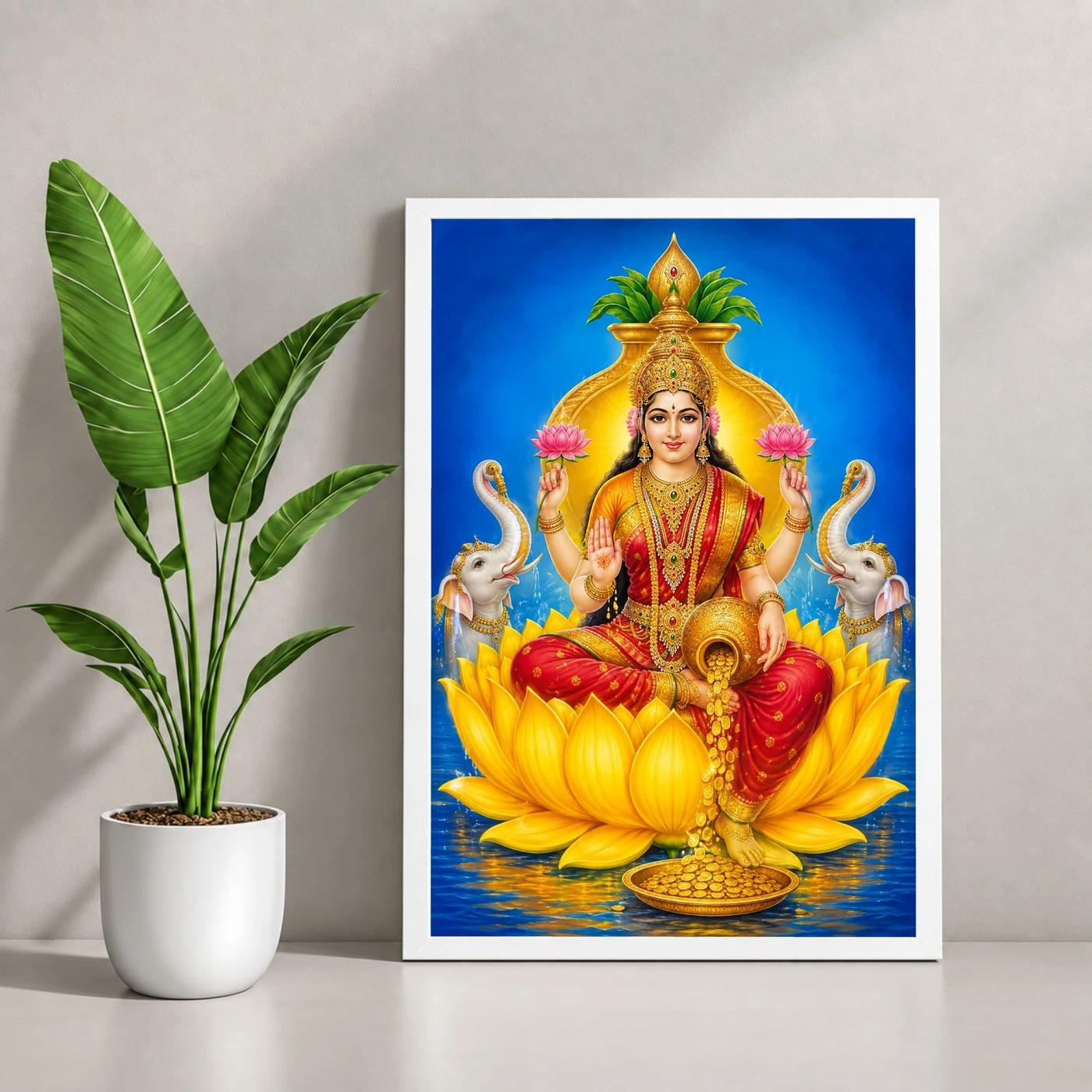 Golden Lotus Varalakshmi Photo Frame – Yellow Prosperity Art 4 Golden Lotus Varalakshmi Photo Frame – Yellow Prosperity Art — white frame console