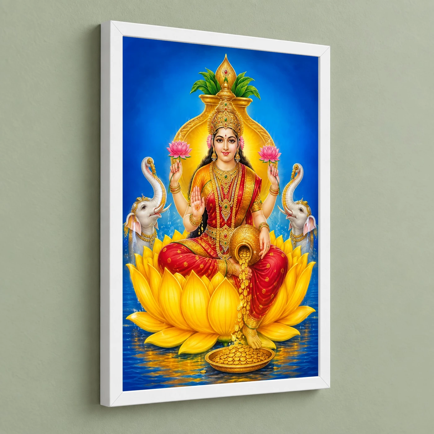 Golden Lotus Varalakshmi Photo Frame – Yellow Prosperity Art 5 Golden Lotus Varalakshmi Photo Frame – Yellow Prosperity Art — white frame angled wall