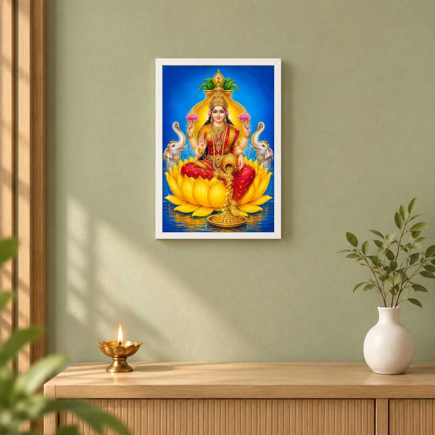 Golden Lotus Varalakshmi Photo Frame – Yellow Prosperity Art 6 Golden Lotus Varalakshmi Photo Frame – Yellow Prosperity Art — white frame distant wall