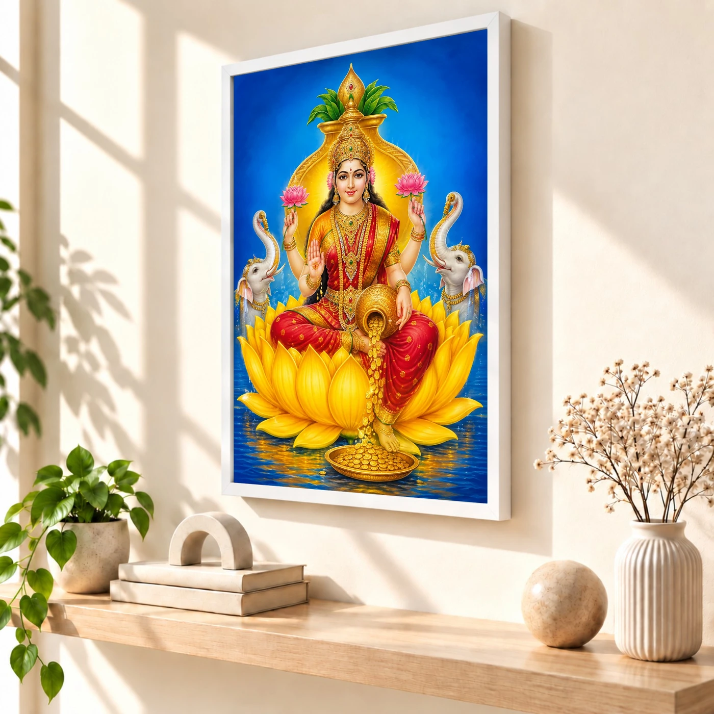 Golden Lotus Varalakshmi Photo Frame – Yellow Prosperity Art 55 Golden Lotus Varalakshmi Photo Frame – Yellow Prosperity Art — white frame