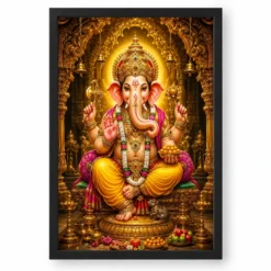 Lord Ganesha Ornate Golden Temple Darshan Photo Frame — black frame clean
