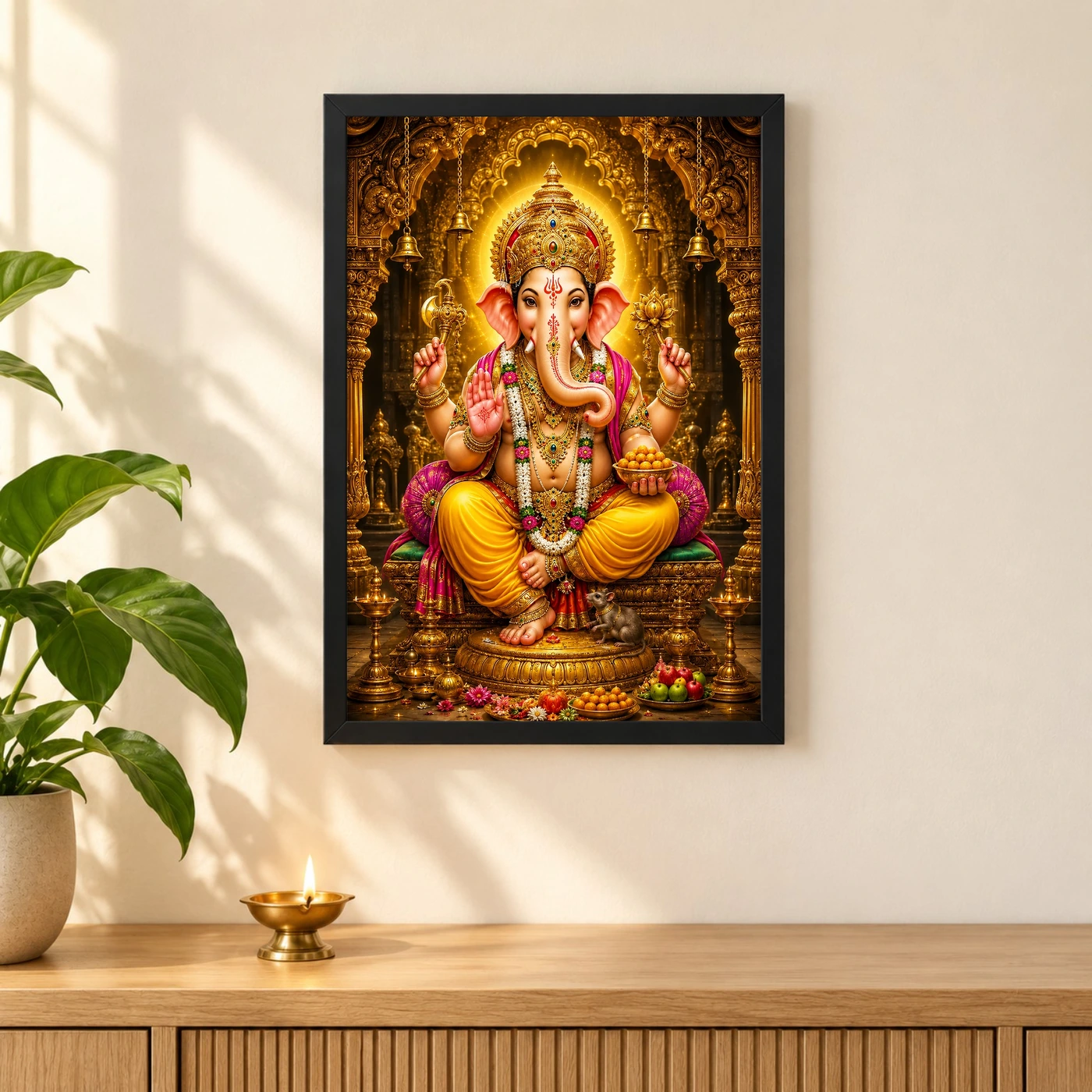 Lord Ganesha Ornate Golden Temple Darshan Photo Frame 3 Lord Ganesha Ornate Golden Temple Darshan Photo Frame — black frame pooja shelf