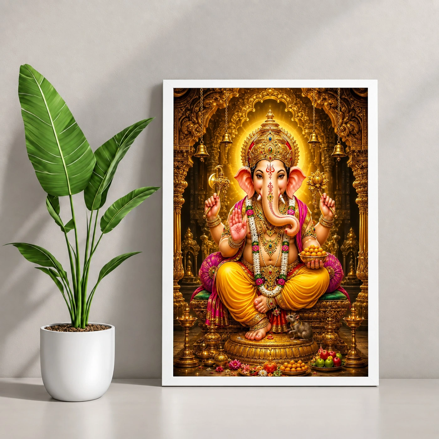Lord Ganesha Ornate Golden Temple Darshan Photo Frame 4 Lord Ganesha Ornate Golden Temple Darshan Photo Frame — white frame console
