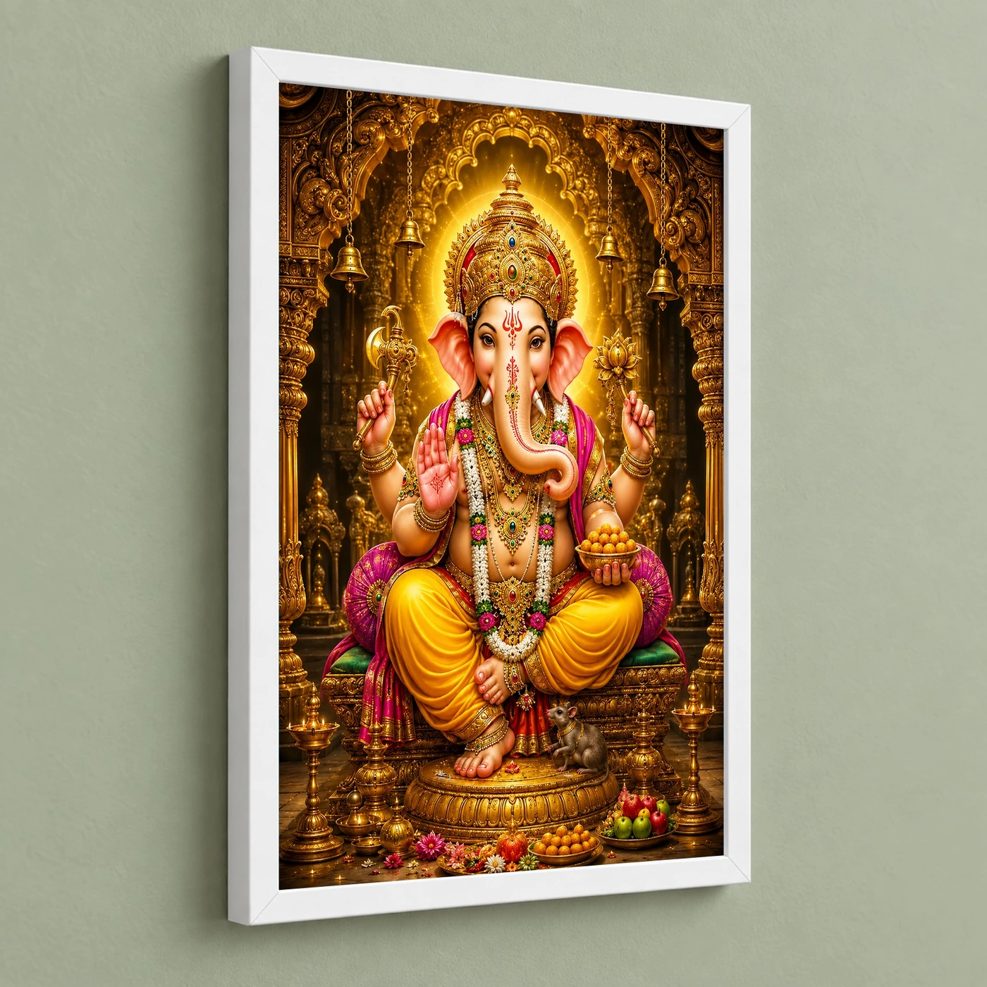 Lord Ganesha Ornate Golden Temple Darshan Photo Frame 5 Lord Ganesha Ornate Golden Temple Darshan Photo Frame — white frame angled wall