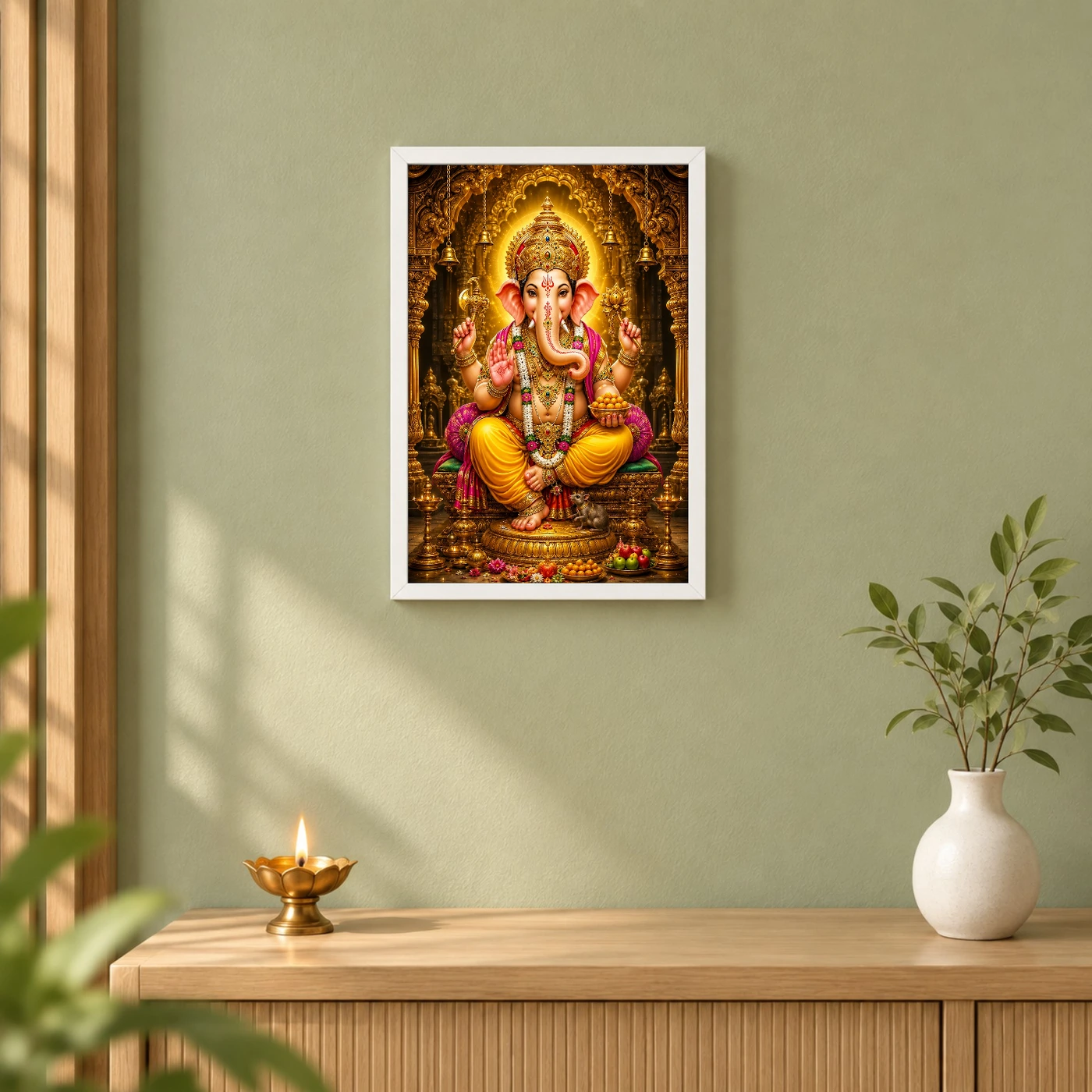 Lord Ganesha Ornate Golden Temple Darshan Photo Frame 6 Lord Ganesha Ornate Golden Temple Darshan Photo Frame — white frame distant wall