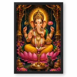 Lord Ganesha Traditional Indian Miniature-Inspired Devotional Art Photo Frame — black frame clean
