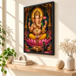Lord Ganesha Traditional Indian Miniature-Inspired Devotional Art Photo Frame — black frame console
