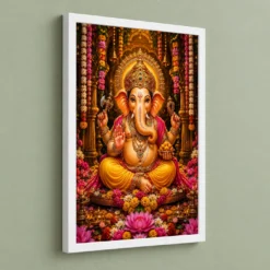 Lord Ganesha Grand Festival Flower Decoration Photo Frame — white frame angled wall