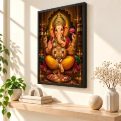 Lord Ganesha Peaceful Home Mandir Composition Photo Frame — black frame console