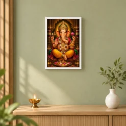 Lord Ganesha Peaceful Home Mandir Composition Photo Frame — white frame distant wall
