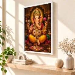 Lord Ganesha Peaceful Home Mandir Composition Photo Frame — white frame warm console