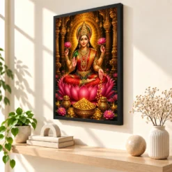 Mahalakshmi Ornate Golden Temple Darshan Photo Frame — black frame console