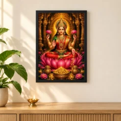 Mahalakshmi Ornate Golden Temple Darshan Photo Frame — black frame pooja shelf