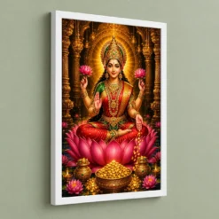 Mahalakshmi Ornate Golden Temple Darshan Photo Frame — white frame angled wall