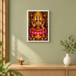 Mahalakshmi Ornate Golden Temple Darshan Photo Frame — white frame distant wall