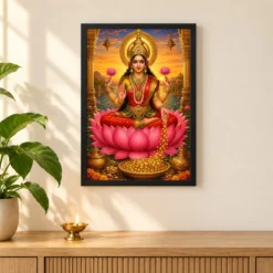 Mahalakshmi Serene Sunrise Blessing Photo Frame — black frame pooja shelf