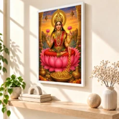 Mahalakshmi Serene Sunrise Blessing Photo Frame — white frame warm console