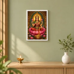 Mahalakshmi Traditional Indian Miniature-Inspired Devotional Art Photo Frame — white frame distant wall