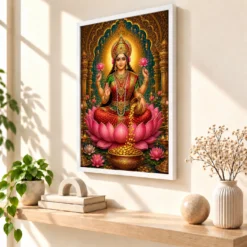 Mahalakshmi Traditional Indian Miniature-Inspired Devotional Art Photo Frame — white frame warm console