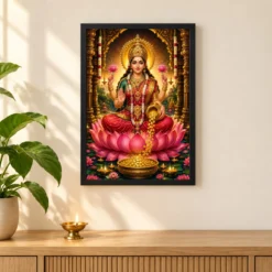 Mahalakshmi Peaceful Home Mandir Composition Photo Frame — black frame pooja shelf