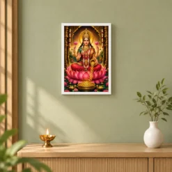 Mahalakshmi Peaceful Home Mandir Composition Photo Frame — white frame distant wall
